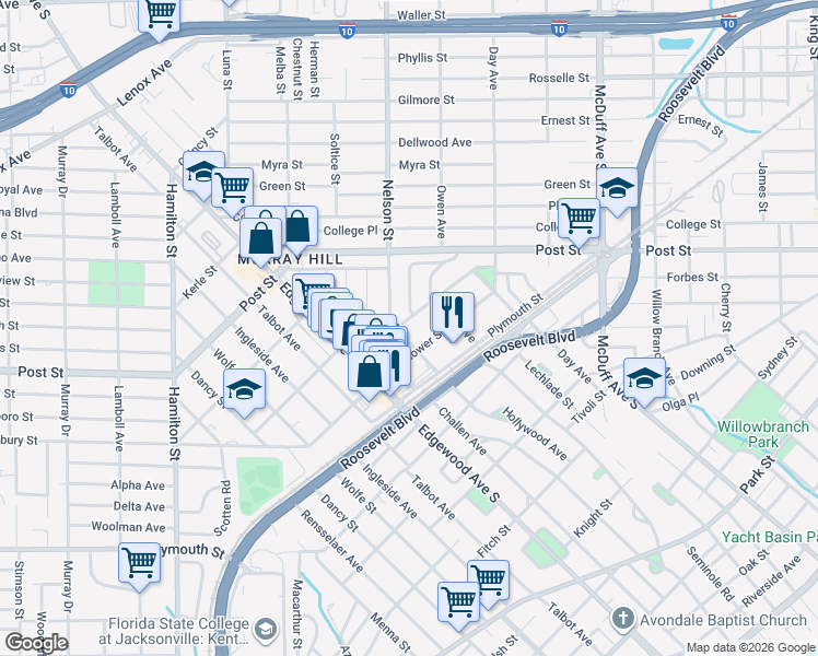 map of restaurants, bars, coffee shops, grocery stores, and more near 3329 Mayflower Street in Jacksonville