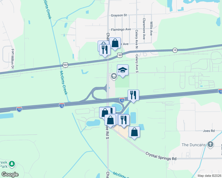 map of restaurants, bars, coffee shops, grocery stores, and more near 281 Chaffee Road South in Jacksonville