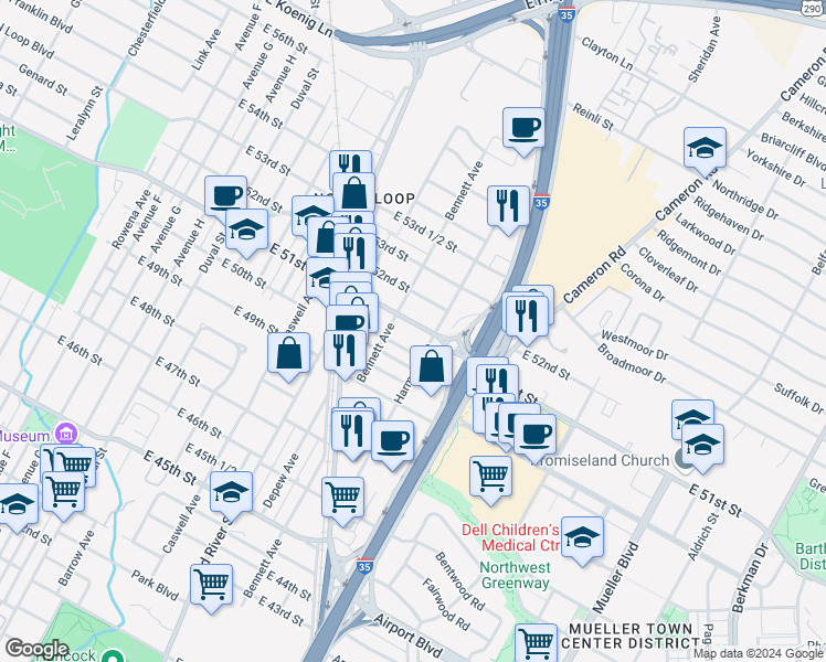 map of restaurants, bars, coffee shops, grocery stores, and more near 934 East 50th Street in Austin