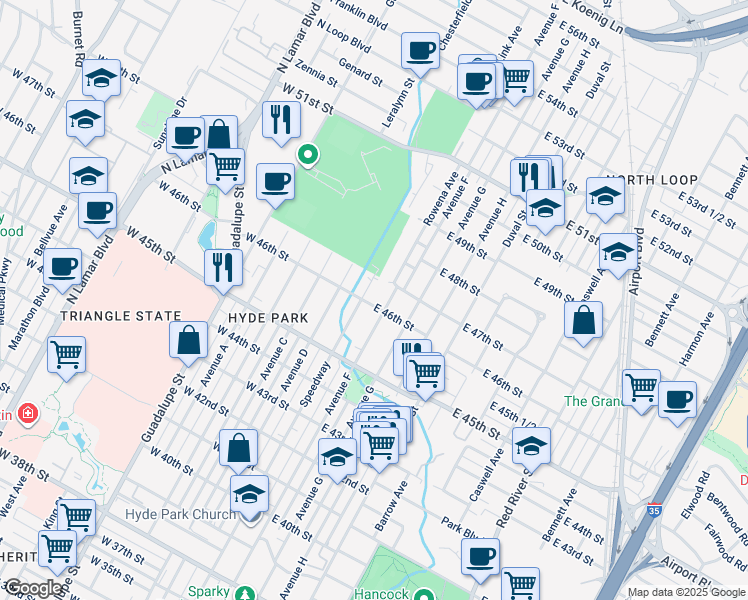 map of restaurants, bars, coffee shops, grocery stores, and more near 108 East 46th Street in Austin