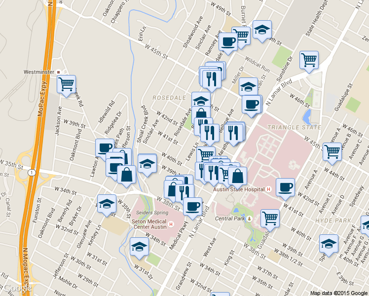 map of restaurants, bars, coffee shops, grocery stores, and more near 4013 Burnet Road in Austin
