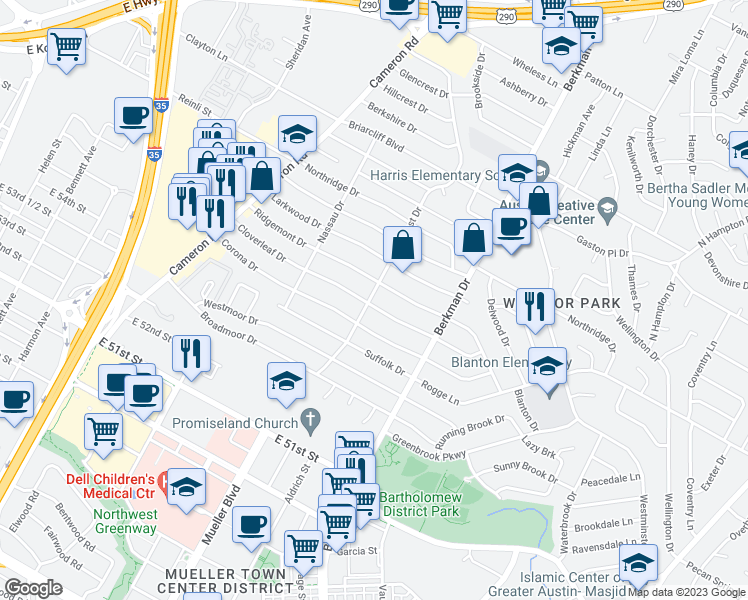 map of restaurants, bars, coffee shops, grocery stores, and more near 1500 Cloverleaf Drive in Austin