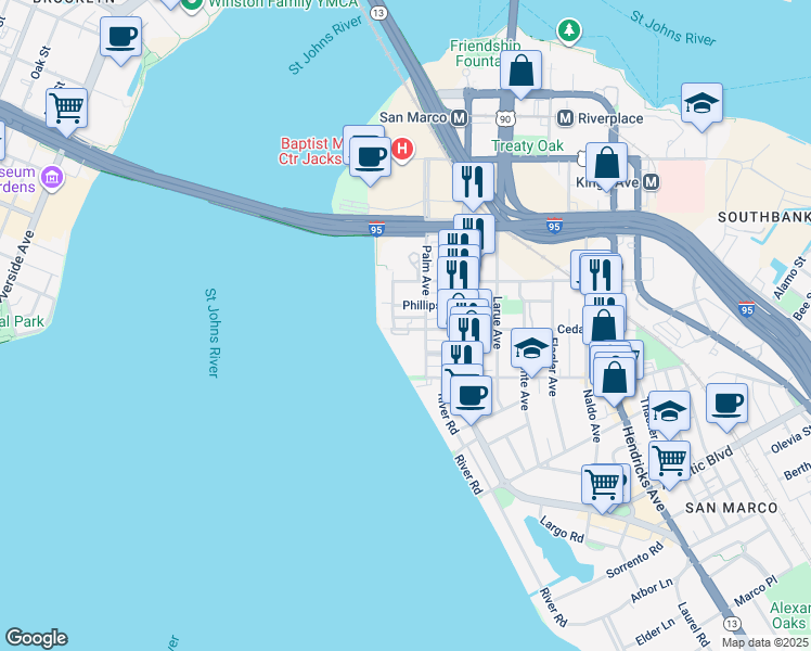 map of restaurants, bars, coffee shops, grocery stores, and more near 817 Cedar Street in Jacksonville