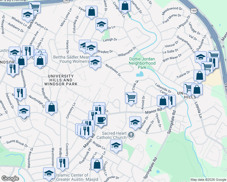 map of restaurants, bars, coffee shops, grocery stores, and more near 2749 Bristol Drive in Austin