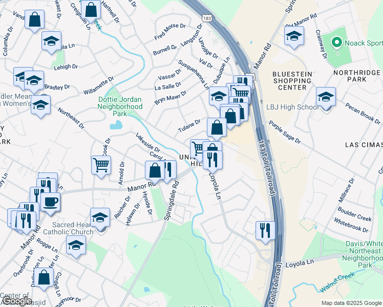 map of restaurants, bars, coffee shops, grocery stores, and more near 3501 Loyola Lane in Austin