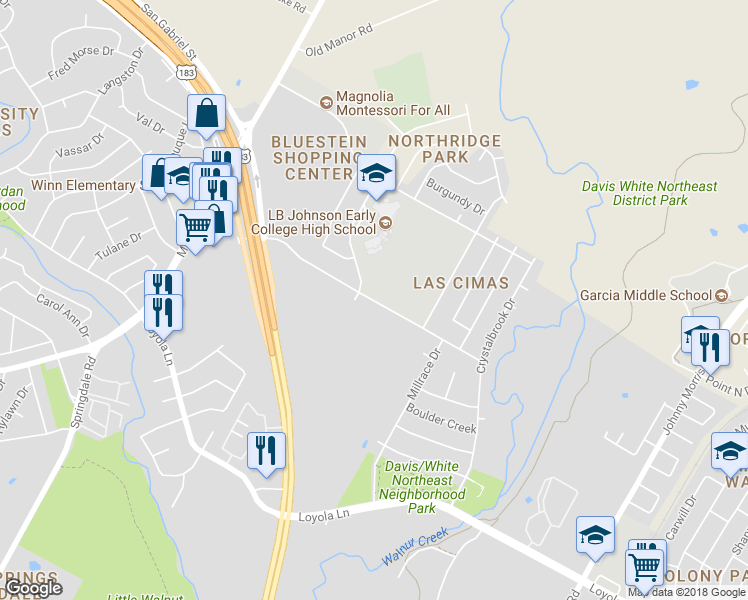map of restaurants, bars, coffee shops, grocery stores, and more near 5400 Purple Sage Drive in Austin