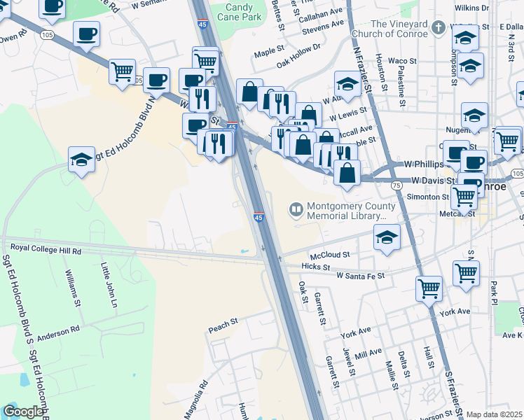 map of restaurants, bars, coffee shops, grocery stores, and more near 291 Interstate 45 North in Conroe