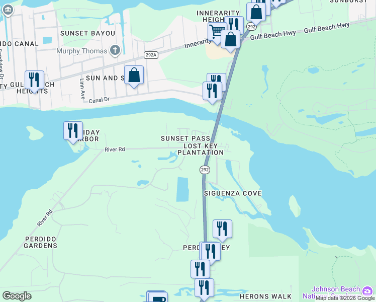 map of restaurants, bars, coffee shops, grocery stores, and more near 50 Maxfli Place in Pensacola