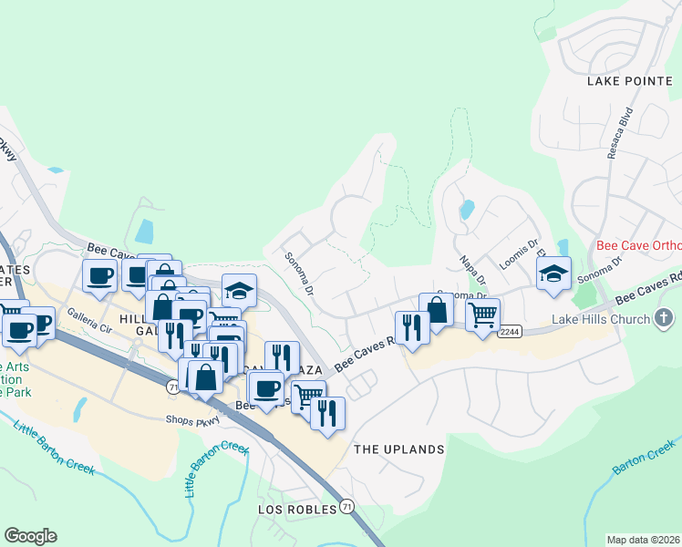 map of restaurants, bars, coffee shops, grocery stores, and more near 3405 Normandy Ridge Lane in Austin