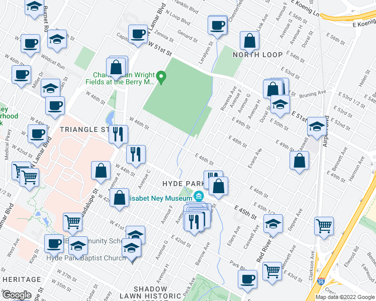 map of restaurants, bars, coffee shops, grocery stores, and more near Speedway & E 46th St in Austin