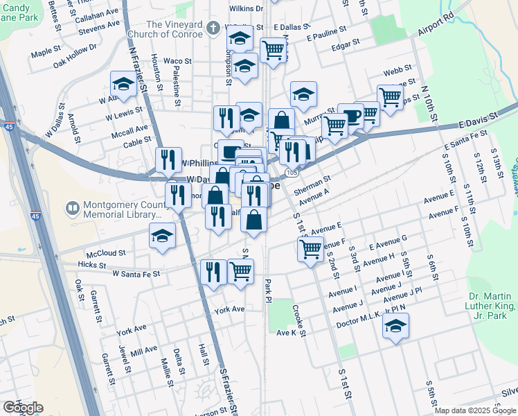 map of restaurants, bars, coffee shops, grocery stores, and more near 208 North Main Street in Conroe