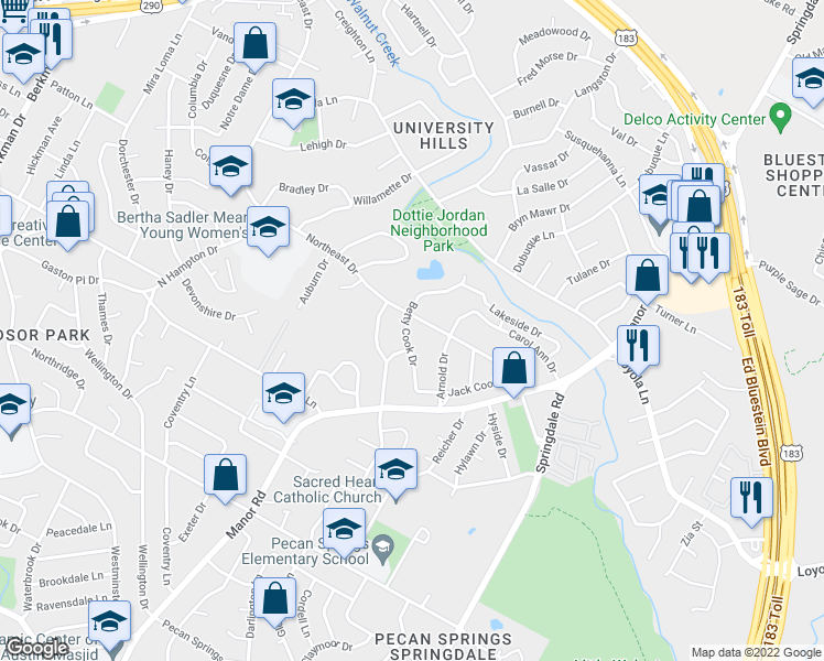 map of restaurants, bars, coffee shops, grocery stores, and more near 6405 Betty Cook Drive in Austin