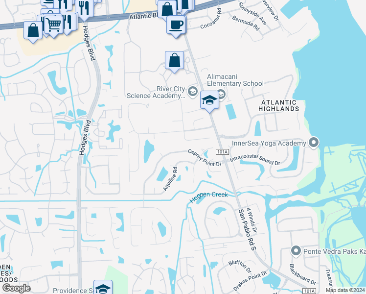 map of restaurants, bars, coffee shops, grocery stores, and more near 13569 Osprey Point Drive in Jacksonville