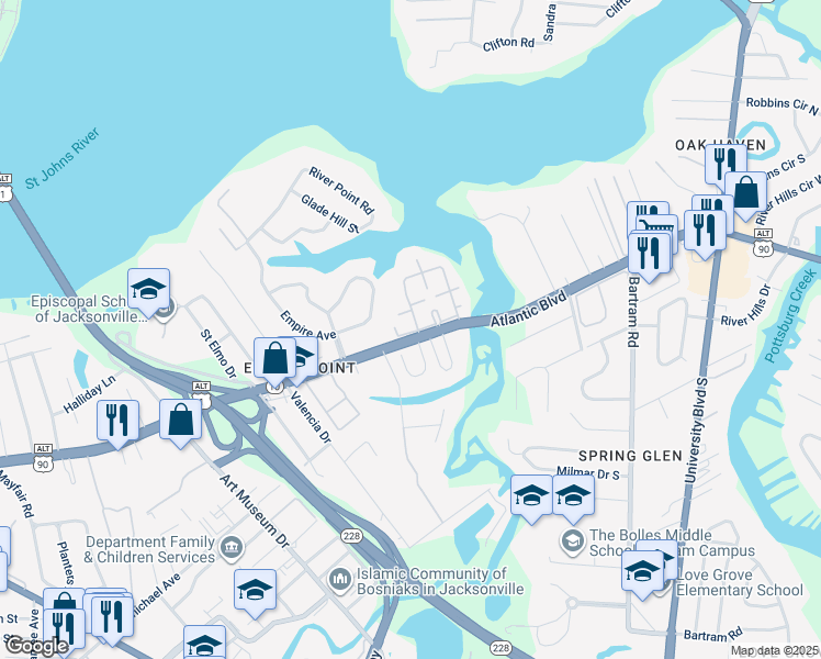 map of restaurants, bars, coffee shops, grocery stores, and more near 5201 Atlantic Boulevard in Jacksonville