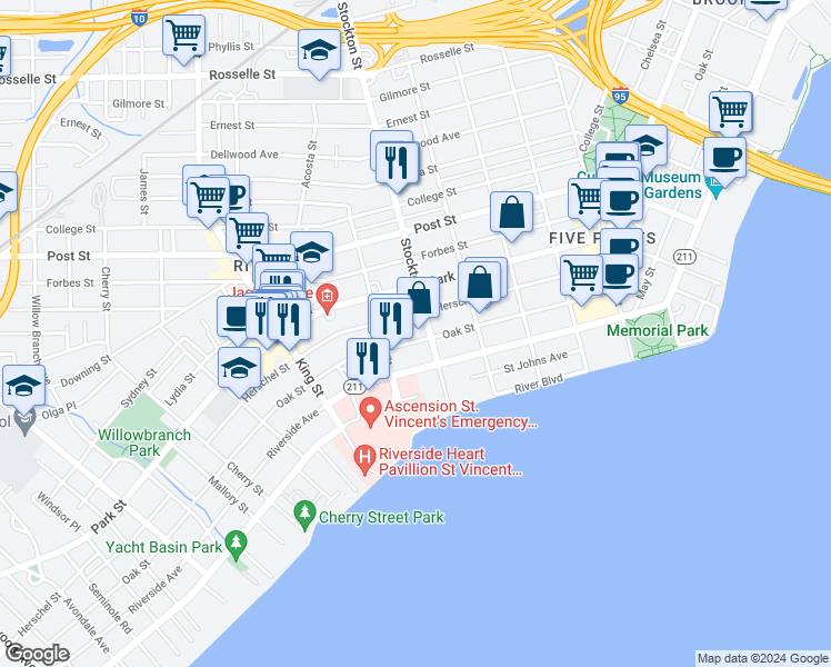 map of restaurants, bars, coffee shops, grocery stores, and more near 2515 Oak Street in Jacksonville