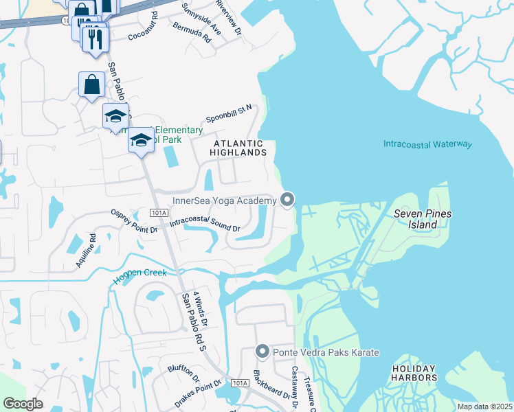 map of restaurants, bars, coffee shops, grocery stores, and more near 2130 Intracoastal Sound Drive East in Jacksonville