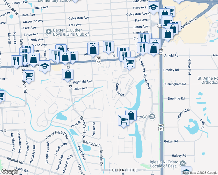 map of restaurants, bars, coffee shops, grocery stores, and more near 8547 Highfield Avenue in Jacksonville