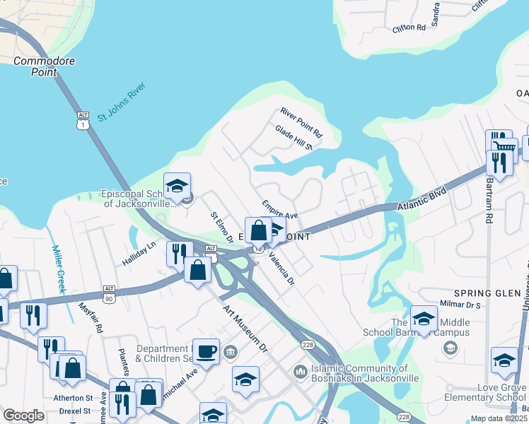 map of restaurants, bars, coffee shops, grocery stores, and more near 4842 Empire Avenue in Jacksonville
