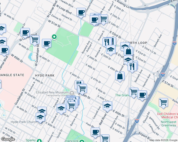 map of restaurants, bars, coffee shops, grocery stores, and more near 4705 Avenue H in Austin