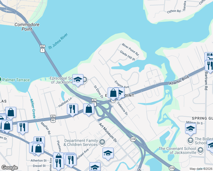 map of restaurants, bars, coffee shops, grocery stores, and more near 1409 Live Oak Lane in Jacksonville