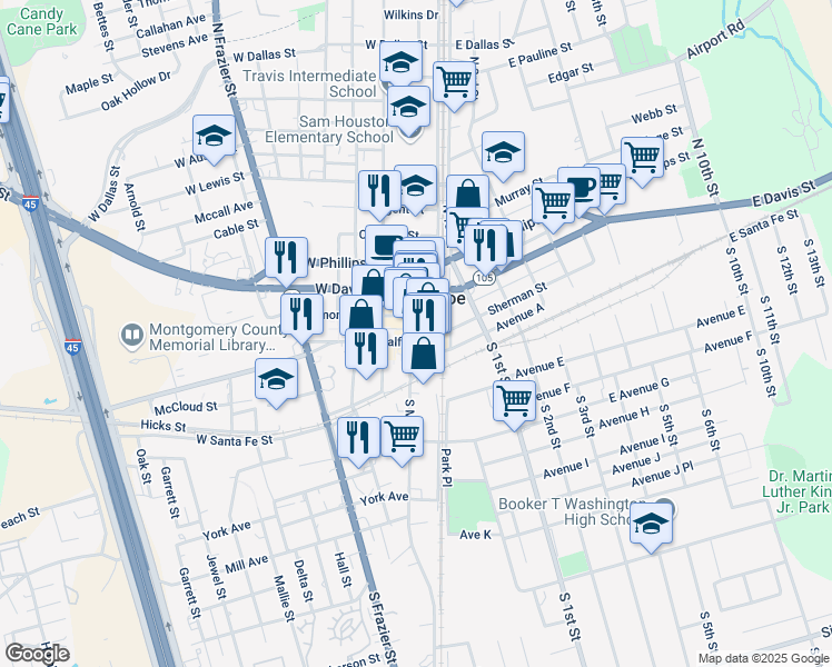 map of restaurants, bars, coffee shops, grocery stores, and more near 208 North Main Street in Conroe