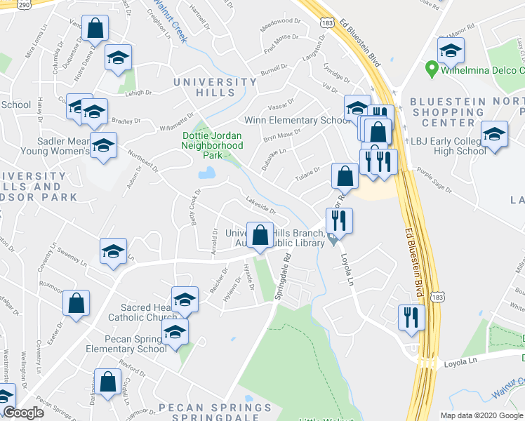 map of restaurants, bars, coffee shops, grocery stores, and more near 3207 Lakeside Drive in Austin