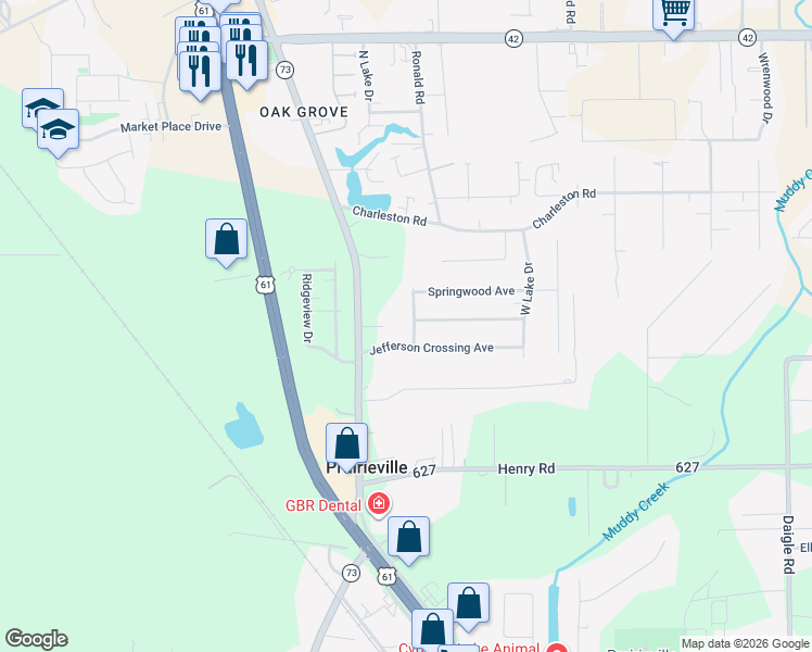 map of restaurants, bars, coffee shops, grocery stores, and more near 16467 Hardwood Road in Prairieville