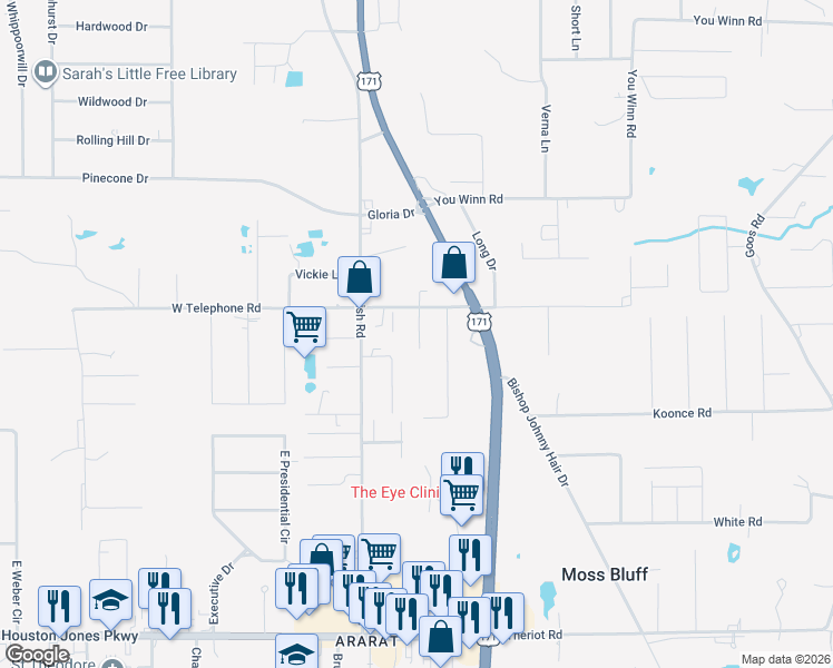 map of restaurants, bars, coffee shops, grocery stores, and more near 197 E Telephone Rd in Lake Charles