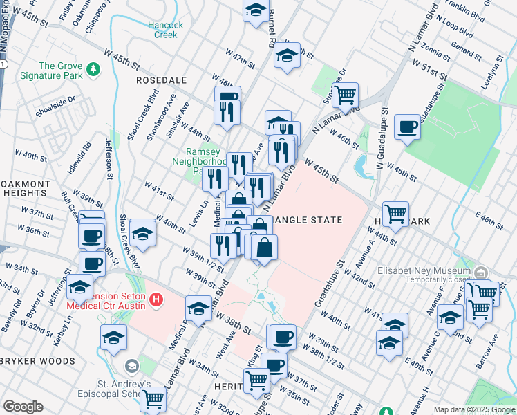 map of restaurants, bars, coffee shops, grocery stores, and more near 4200 North Lamar Boulevard in Austin
