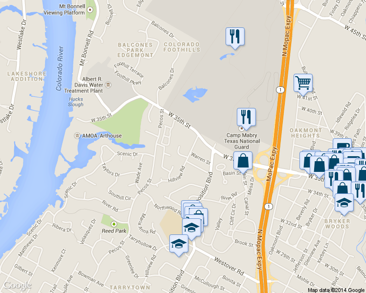 map of restaurants, bars, coffee shops, grocery stores, and more near 3303 Jamesborough Street in Austin