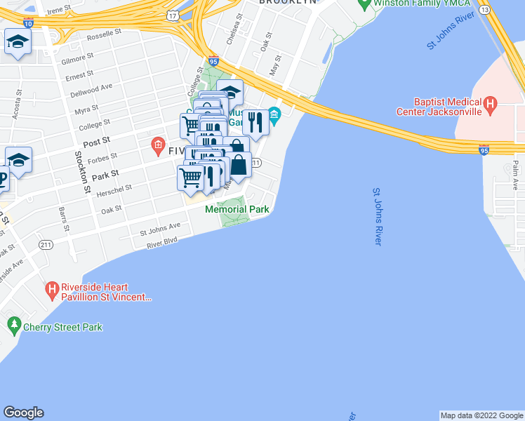 map of restaurants, bars, coffee shops, grocery stores, and more near 1596 Lancaster Terrace in Jacksonville