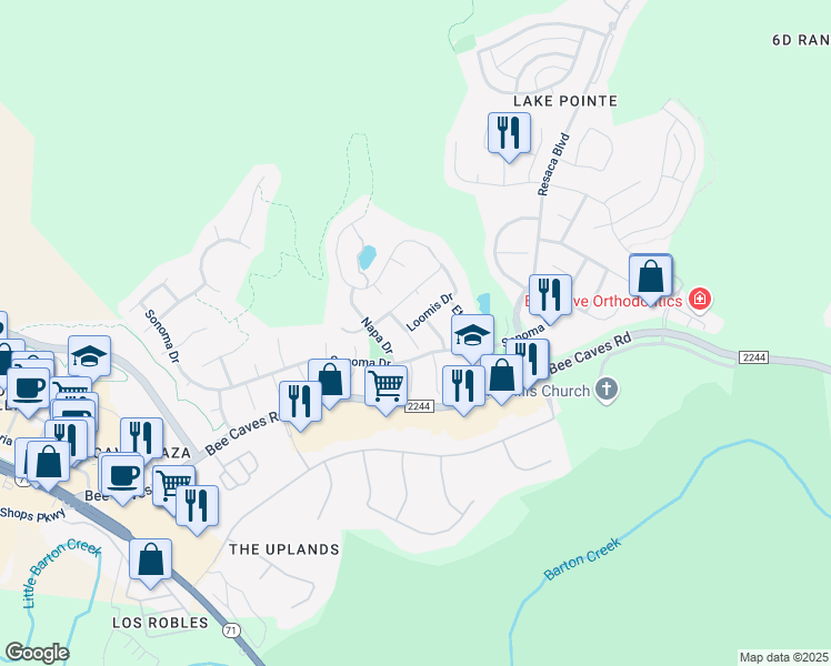 map of restaurants, bars, coffee shops, grocery stores, and more near 11935 Loomis Drive in Austin