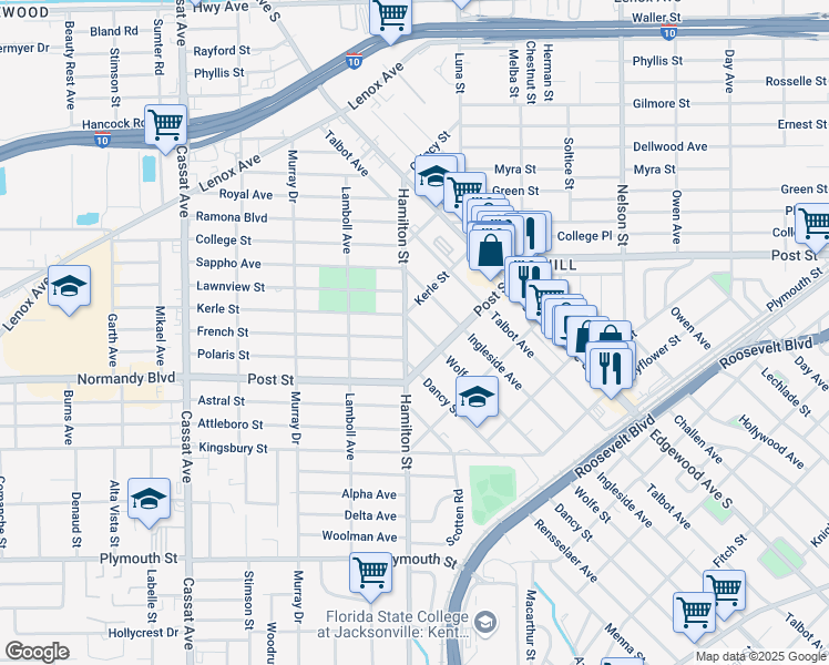 map of restaurants, bars, coffee shops, grocery stores, and more near 922 Wolfe Street in Jacksonville