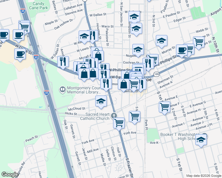map of restaurants, bars, coffee shops, grocery stores, and more near 215 North Frazier Street in Conroe