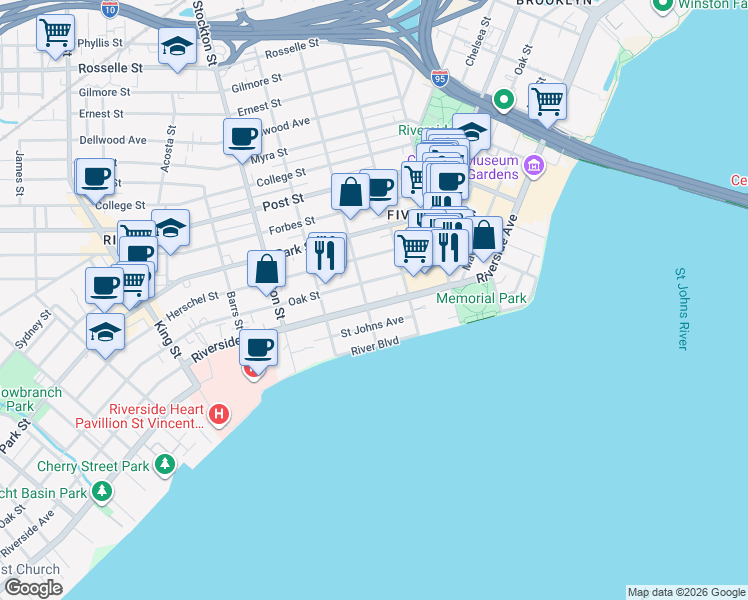 map of restaurants, bars, coffee shops, grocery stores, and more near in Jacksonville