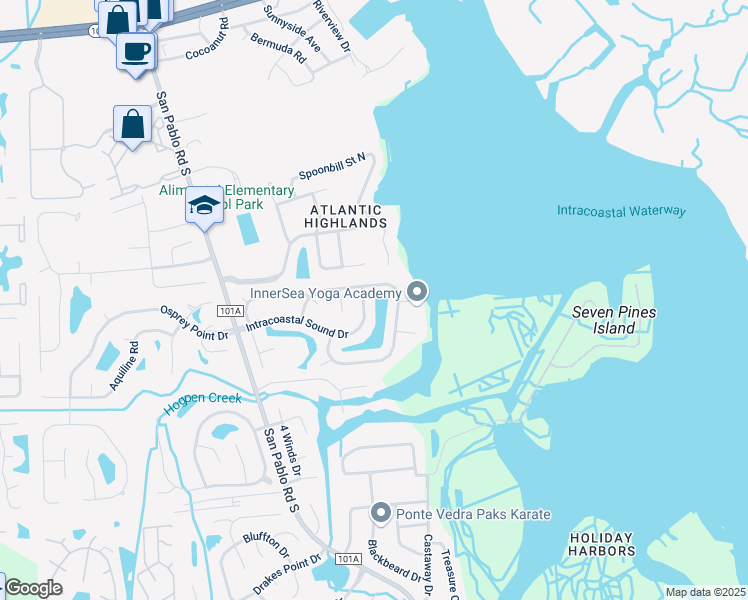 map of restaurants, bars, coffee shops, grocery stores, and more near 2130 Intracoastal Sound Drive East in Jacksonville