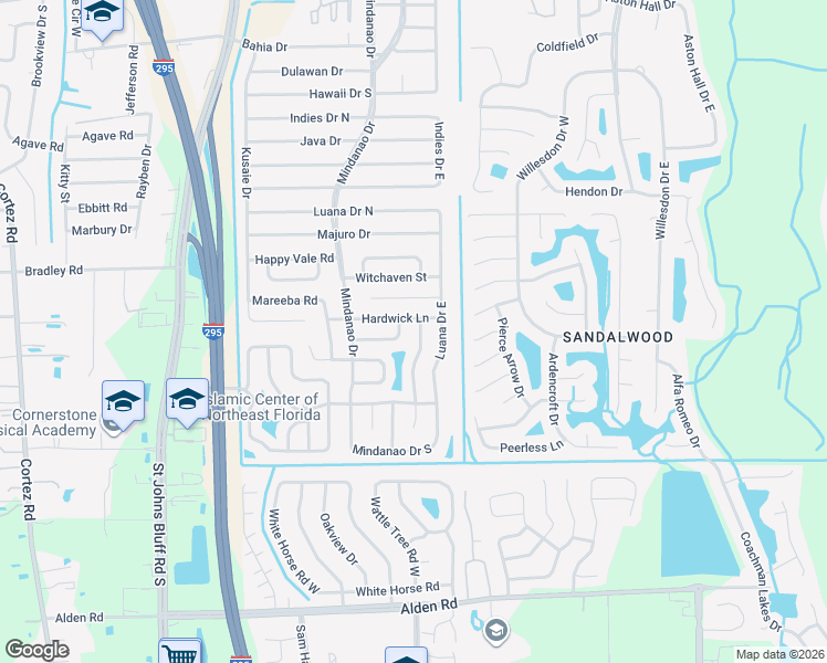 map of restaurants, bars, coffee shops, grocery stores, and more near 2224 Dumfries Circle East in Jacksonville