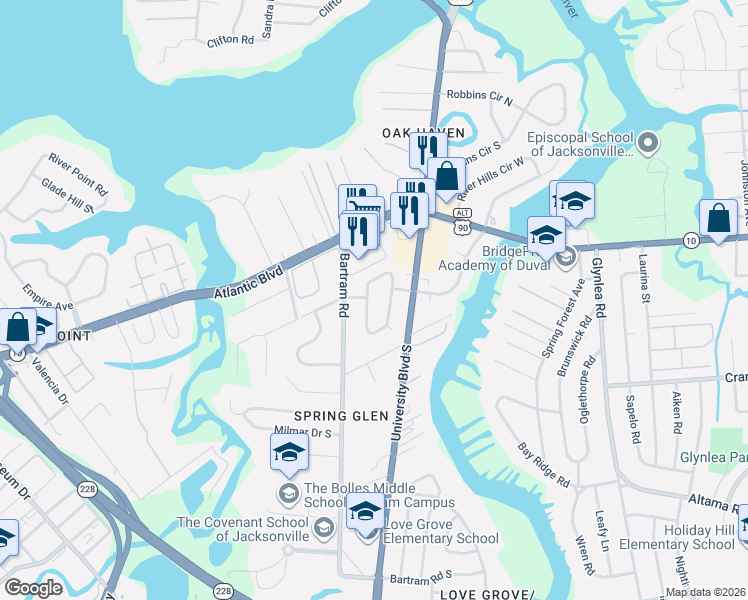 map of restaurants, bars, coffee shops, grocery stores, and more near 1813 Bartram Circle West in Jacksonville