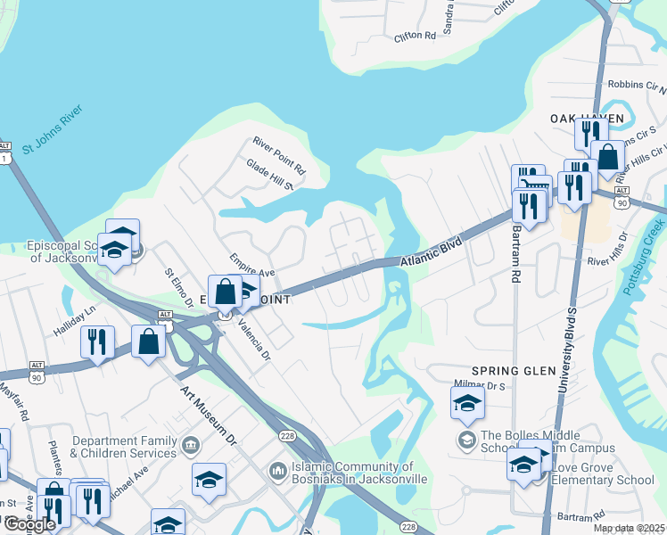 map of restaurants, bars, coffee shops, grocery stores, and more near 5201 Atlantic Boulevard in Jacksonville