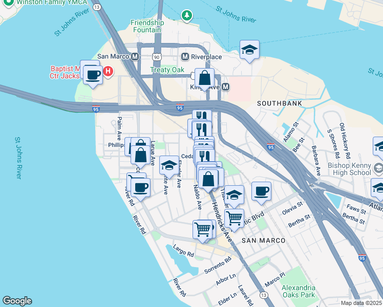 map of restaurants, bars, coffee shops, grocery stores, and more near 1414 Cedar Street in Jacksonville