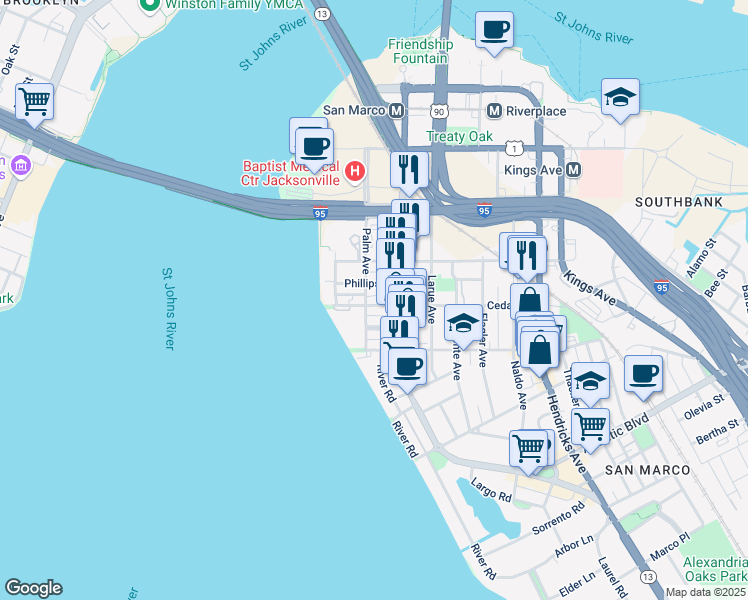 map of restaurants, bars, coffee shops, grocery stores, and more near 923 Cedar Street in Jacksonville