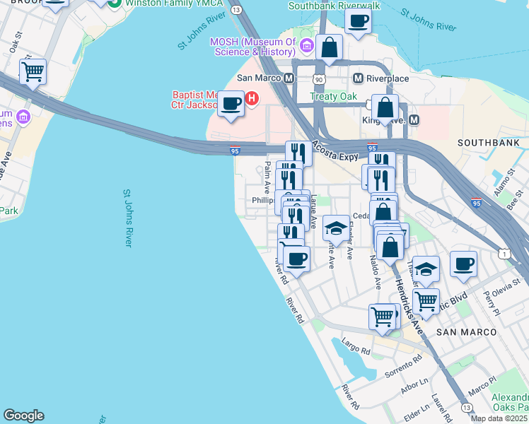 map of restaurants, bars, coffee shops, grocery stores, and more near 817 Cedar Street in Jacksonville