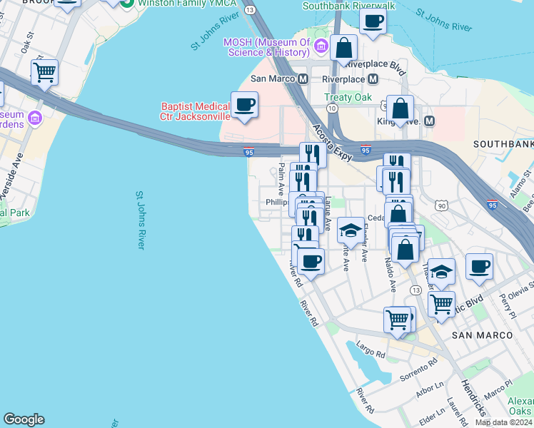 map of restaurants, bars, coffee shops, grocery stores, and more near 817 Cedar Street in Jacksonville