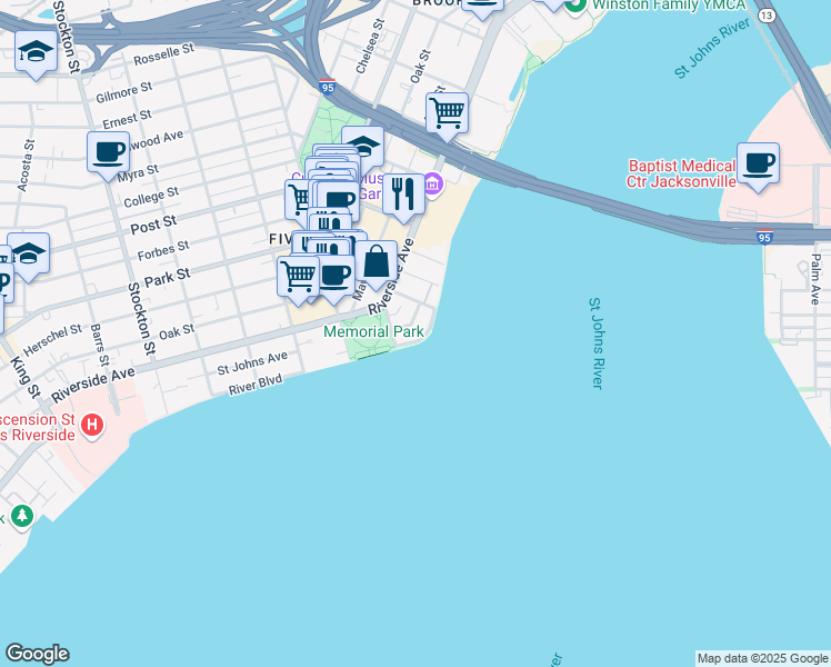 map of restaurants, bars, coffee shops, grocery stores, and more near 1596 Lancaster Terrace in Jacksonville