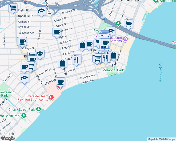 map of restaurants, bars, coffee shops, grocery stores, and more near in Jacksonville