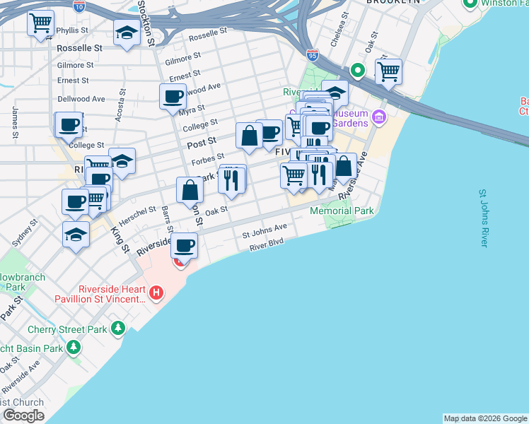 map of restaurants, bars, coffee shops, grocery stores, and more near in Jacksonville