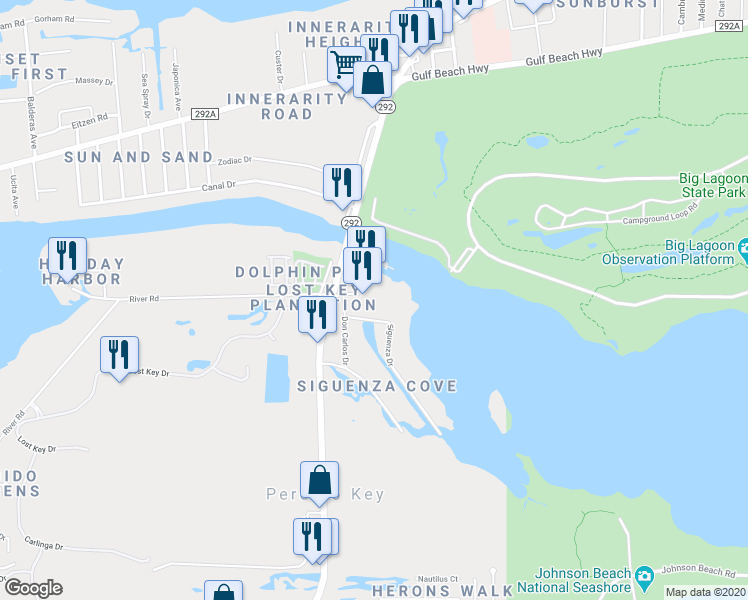 map of restaurants, bars, coffee shops, grocery stores, and more near 13600 River Road in Pensacola