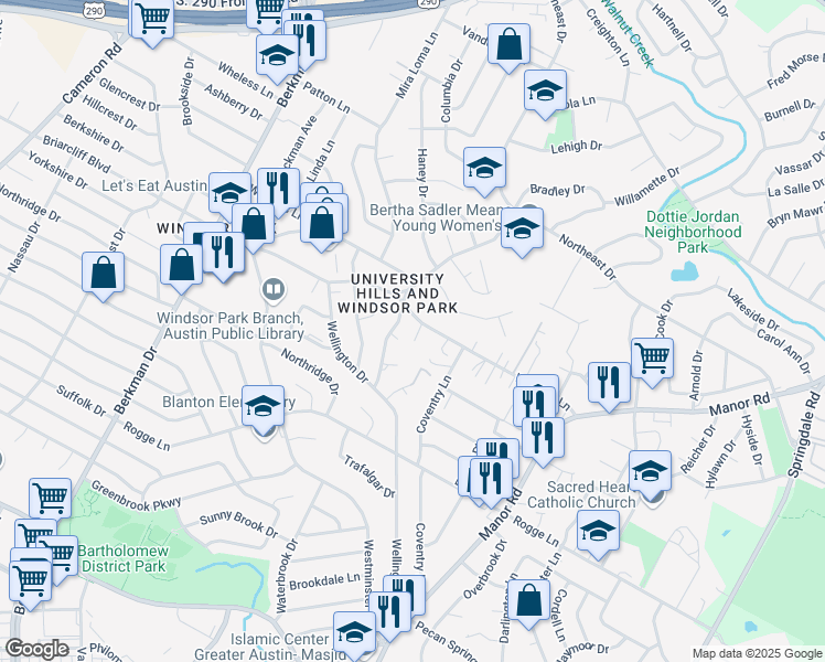 map of restaurants, bars, coffee shops, grocery stores, and more near 5907 Harwill Circle in Austin
