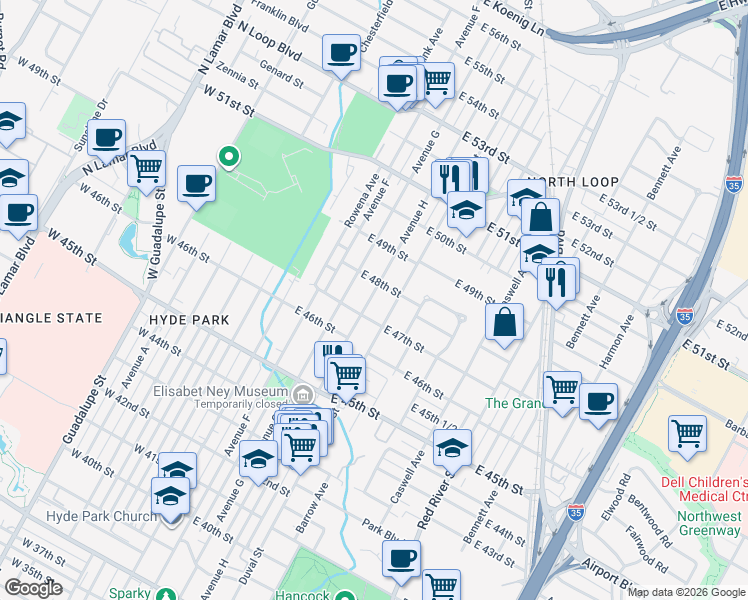 map of restaurants, bars, coffee shops, grocery stores, and more near 4705 Avenue H in Austin