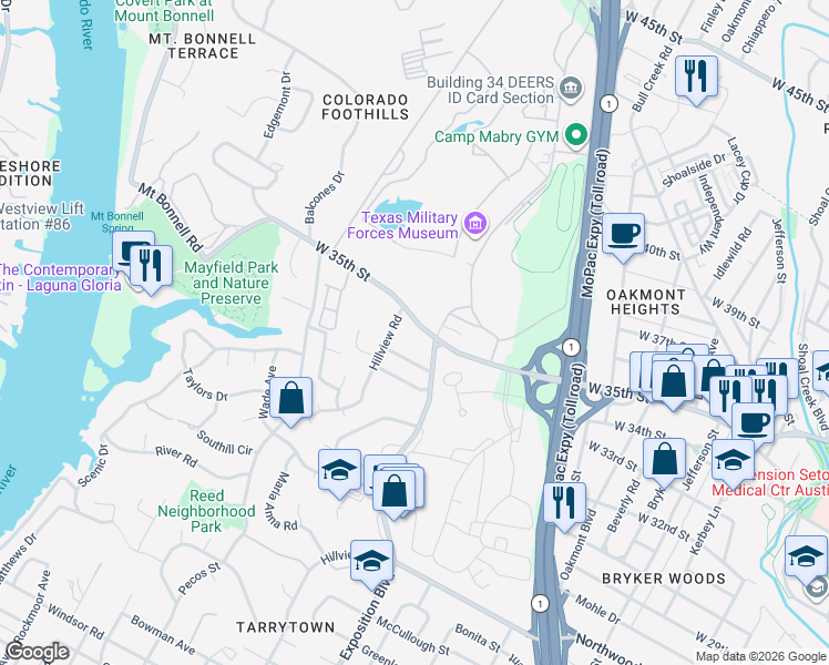 map of restaurants, bars, coffee shops, grocery stores, and more near 3407 Hillview Road in Austin